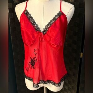 VTG red Secret Treasures satin cami tank top black lace trim M